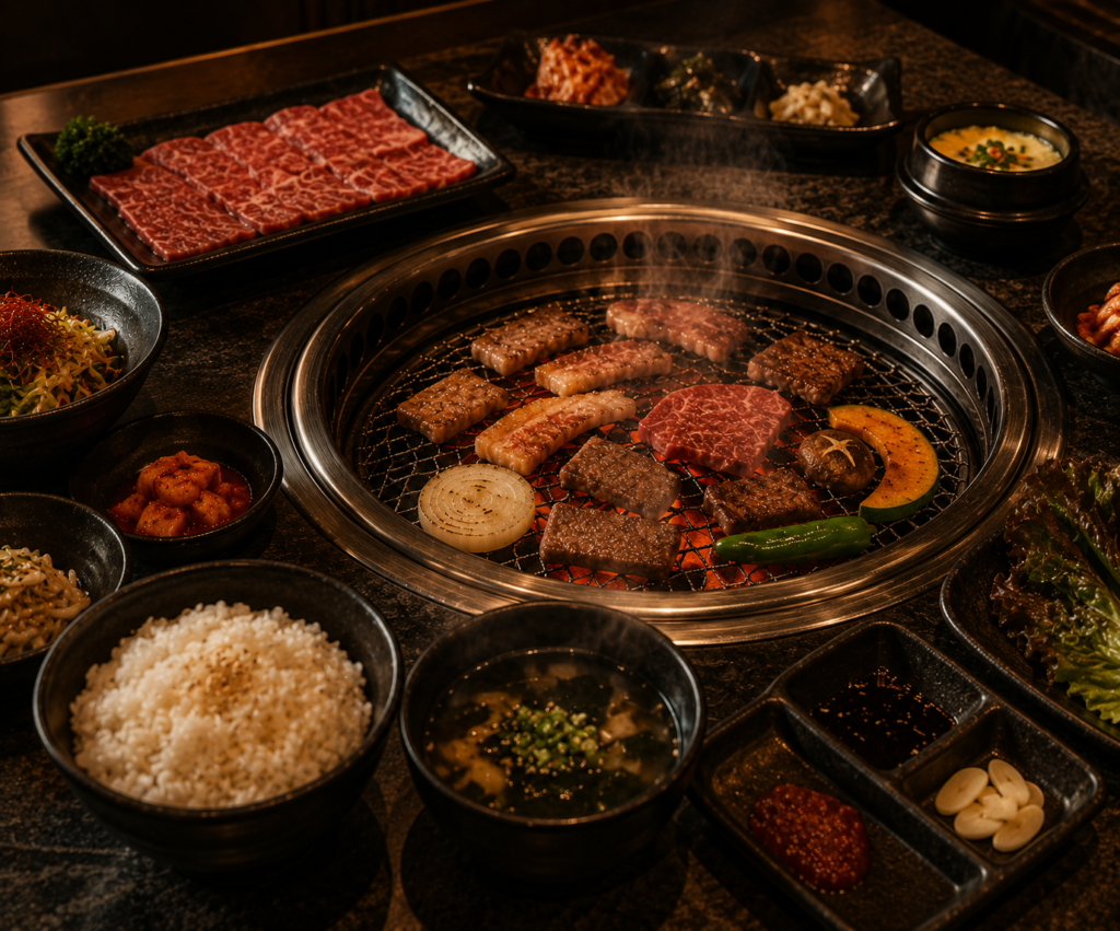 Korean BBQ set at Grillspace Vancouver with assorted grilled meats, rice, soup, kimchi, and banchan sides surrounding a charcoal grill